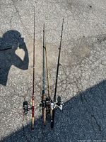All four fishing rods standing upright outdoors showing full length and attached reels.