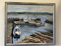 Frontal view of the framed oil painting showing a calm harbour with boats and wooden docks, representing the main artwork for sale.