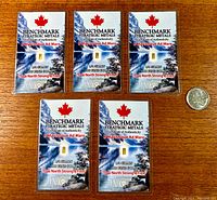 Five Benchmark Strategic Metals 1/4 grain .999 fine gold bullion pieces displayed next to a quarter for size reference.