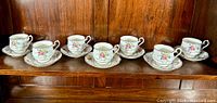 Seven Royal Albert Petit Point bone china tea cups and saucers displayed on wooden shelving