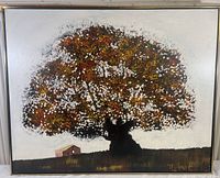 Full view of original painting of a large tree with autumn foliage and a farmhouse below.
