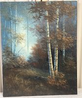 Full view of the white birch forest framed print with signature visible in lower left corner.