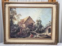 Full view of framed vintage print artwork showing detailed mill scene with figures and nature elements.