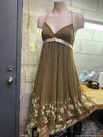 Front view of a brown sleeveless dress on a mannequin showing a V-neckline, beige satin waistband, and floral lace embroidery along the hem.