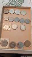 Overview of twelve silver dollar coins in cardboard tray