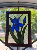 Full view of the stained glass panel hanging in a window showing the blue iris flower, green leaves, red butterfly, and brass frame with hanging chain.