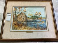 Full view of framed 'Bedford Mill' painting showing wood frame, linen mat, and scene