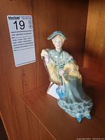 Royal Doulton Ascot figurine showing front angle of seated lady in pastel teal and yellow dress, hat with feather, holding parasol.
