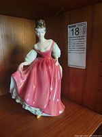 Front and side view of a Royal Doulton porcelain figurine of a woman in a pink dress with puff sleeves, standing on a wood surface, showing details of the face and dress.