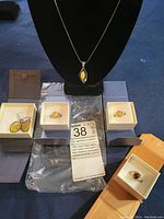 Full display of 5-piece sterling silver and amber jewelry set including necklace on bust, two rings, and earrings in boxes