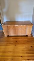 Front view of Lane cedar chest showing veneer peeling and scratches, rectangular wooden chest with lock on front center.