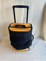 Lunch bag front view showing trolley handle extended and front zippered pocket with mesh side pockets.