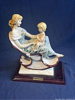 Front and slightly side angle showing the woman and child statue on the wooden base with nameplate.