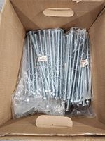 Box with 10 sealed packs each containing 12 galvanized 12-inch carriage bolts.