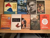 Photo showing all nine books arranged side-by-side including LEGO Builder's Guide, A Little Life, and The Circle.