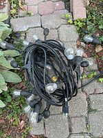 Top-down view of coiled black outdoor string lights with multiple clear bulbs on paved ground with some foliage around.