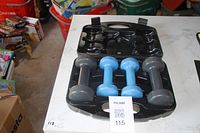 Four dumbbells arranged on a black plastic carrying case on a white table with other household items in the background.
