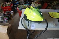 Full view of green EuroSteam garment steamer showing main body, steam hose, and controls.