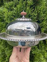 Front view of the closed covered server with reflective silver surface and wooden knob on top.