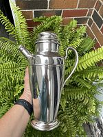 Martini shaker held upright showing full front view including hinged cover and spout