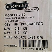 Shipping carton box label with brand, model number G150, quantity 50 trays, weight, and dimensions
