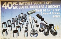 Box lid showing product description, ratchets, sockets, drives sizes 1/4" and 3/8"