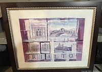 Full view of the framed print showing the collage layout with the word 'RIALTO' and architectural sketches.