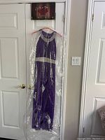 Purple evening dress hanging on door, covered in protective plastic garment bag.