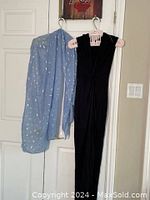 Full view of the black Sabora dress and blue metallic dragonfly shawl hanging on separate hangers on a door.