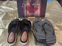 Two pairs of women's shoes: black sandals with fabric bows and black/white striped flip flops, size 36, new condition