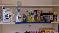 Shelf with multiple lawn care and cleaning spray products including Roundup, WD-40, Lysol, Spic and Span, black spray paint cans, tire shine, leather conditioner, windshield de-icer