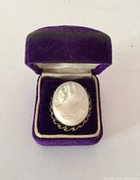 Front view of an oval hard stone cameo brooch set in twisted rope style gold filled bezel, displayed in purple velvet jewelry box.