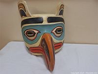 Front view showing the mask's detailed paint and carving, including a large beak and eye shapes.