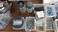 Seventeen containers of screws, bolts, nuts, and washers visible on table, organized by type and size