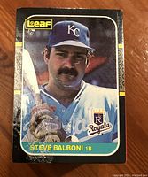 Close-up photo of 1987 Leaf Steve Balboni Kansas City Royals baseball card showing player pose and card condition.