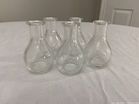 Photo shows 5 clear glass mini vases arranged close together on a white surface with a door visible in background. Each vase is about 3.25 inches tall, round bottom with narrow neck.