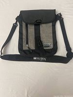 Front view of a Nu Skin branded cross body bag showing two-tone fabric, front vertical zipper pocket, adjustable shoulder strap, and flap with a buckle.