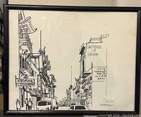 Framed black and white ink sketch of a Chinatown street scene showing signs for 'Chinese Grocers' and 'Empress of China,' signed by Bill Olendorf.