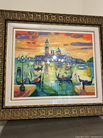 Overall view of framed lithograph artwork depicting Venice scene