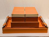 Photo showing the four smaller nesting square accessory boxes with lids closed, arranged inside the large tray with chrome and leather handles.