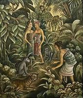 Close-up of the gouache painting showing jungle scene with Balinese figures and monkeys.