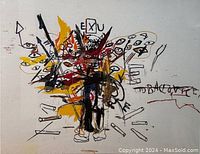 Close-up of the Jean-Michel Basquiat artwork showing abstract and colorful design, arrows, eyes, and text elements.
