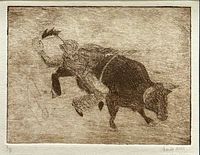 Close-up photo of the artist signed print depicting a man riding a bull in a dynamic pose.