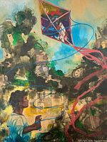 Front view of unframed 12x12 painting titled 'Boy Flying Kite' showing a boy holding a kite string with a colorful kite in the sky above.