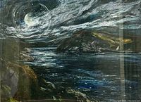 Close-up detail of pastel artwork showing moonlit sky, swirling clouds, rocky shoreline and water reflections