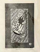 Photo of the woodcut print titled 'Drunk Cat', shows a cat holding a bottle, numbered 19/60, signed by the artist.