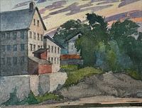 Photo of watercolour painting titled 'Elora Mill' showcasing architectural details and surrounding natural elements under a purple-gray sky.