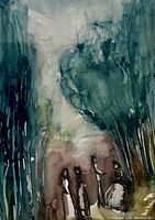 Close-up of the watercolor painting showing abstract figures among tall trees rendered in moody green and blue hues.
