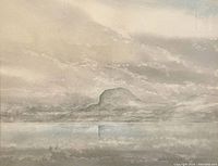 Close-up of the watercolor painting showing the foggy landscape with rock formation and signature.
