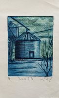 Front view of the artist proof lithograph "Grain Silo" showing the full print in blue-green tones with signature and edition marks